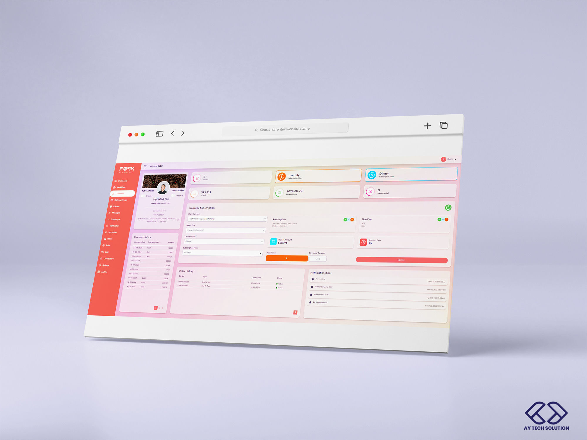 GDPR-compliant healthcare SaaS platform customer detail — subscription, payments, and order history